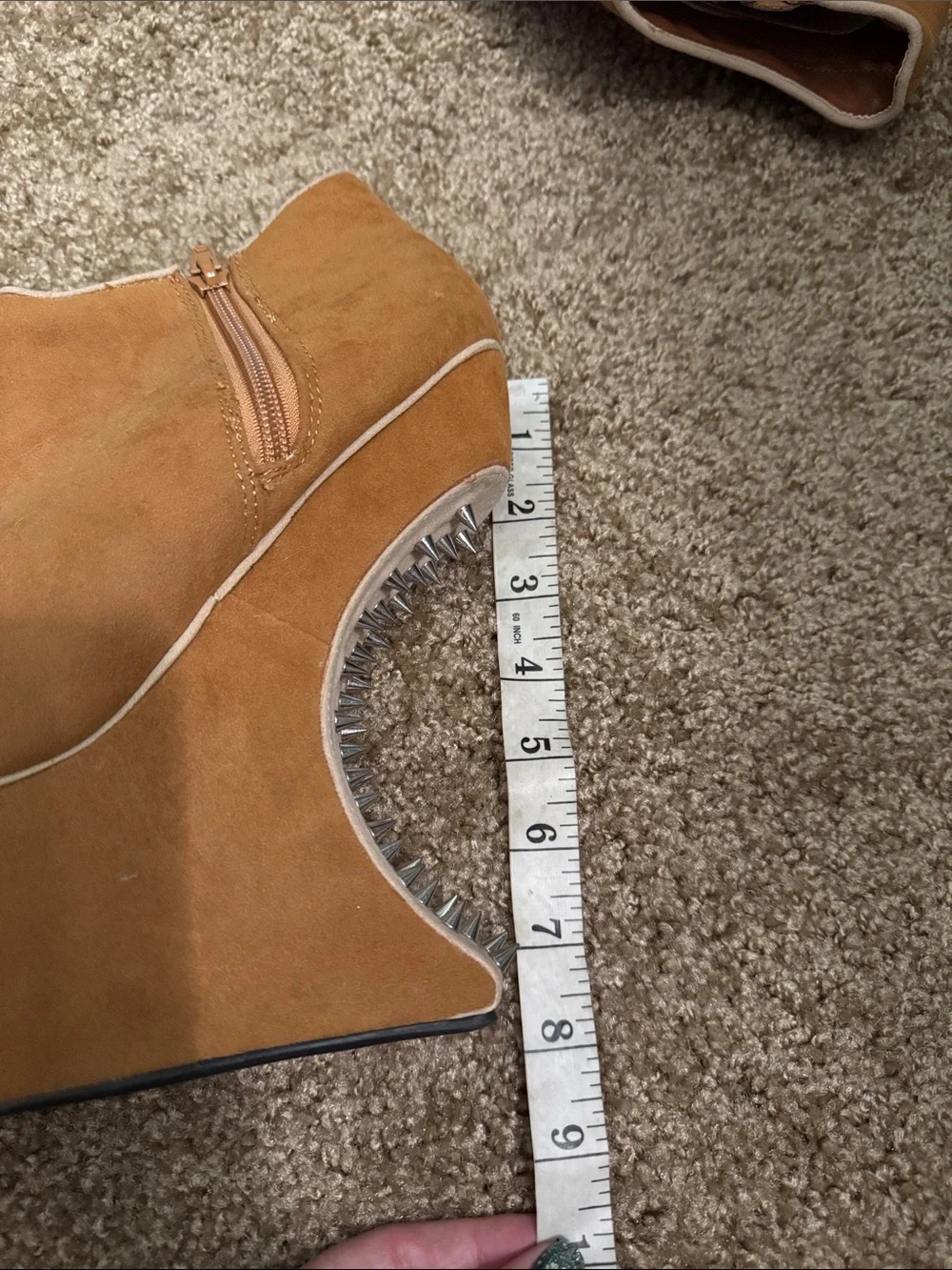 Bumper Tan Suede Wedge Ankle Boots with Sculptural Studded Spiked Cutout Heel